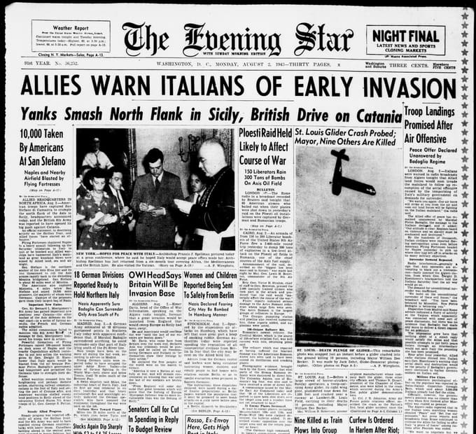 Front page, The Evening Star, August 2, 1943