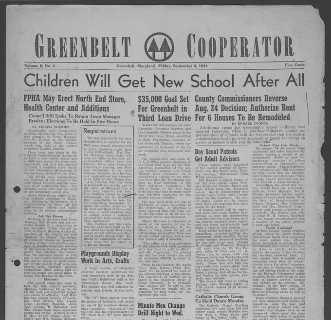 Front page, Greenbelt Cooperator, September 3, 1943