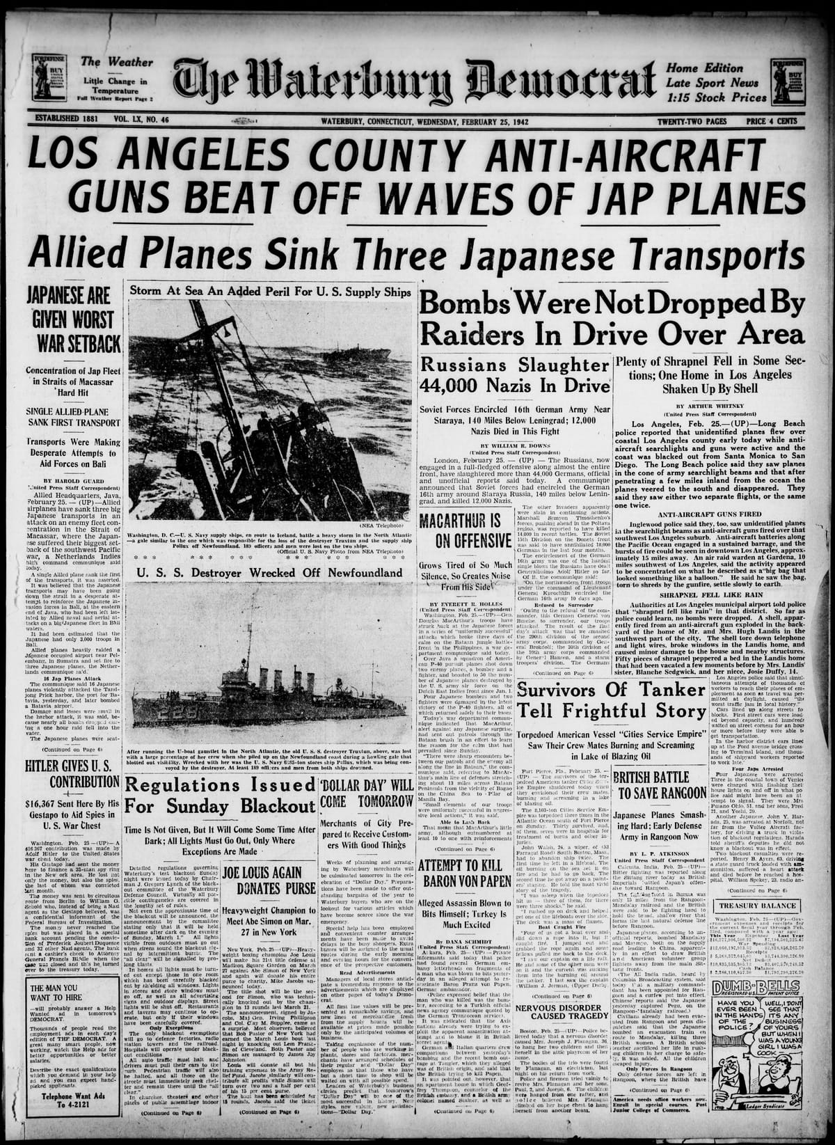 Front page of The Waterbury Democrat, February 25, 1942
