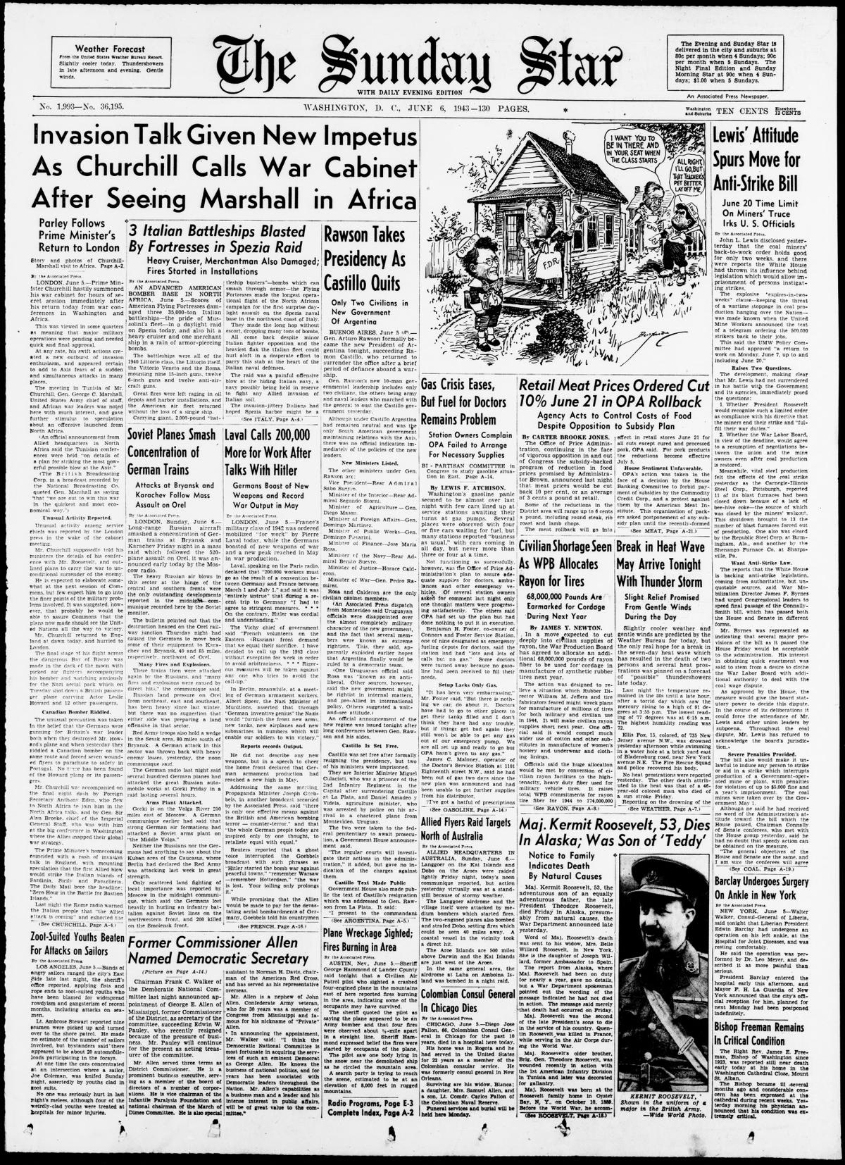 Front page of The Evening Star, June 6, 1943