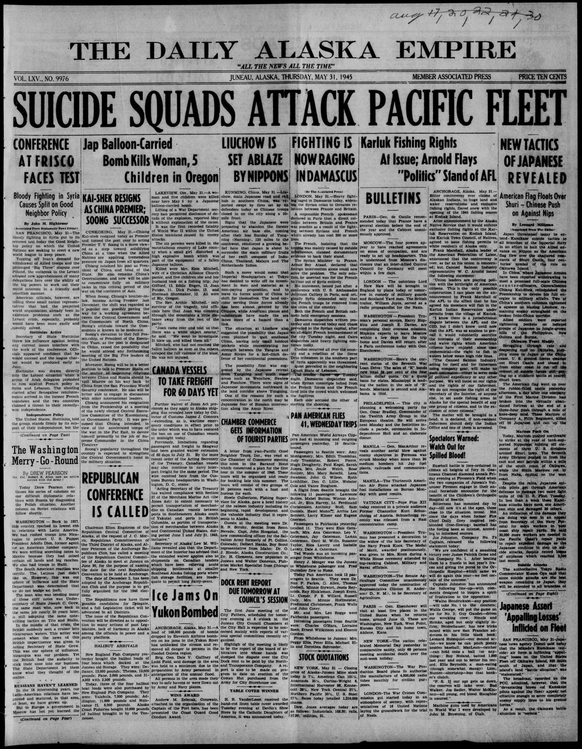Front page of The Daily Alaska Empire, May 31, 1945