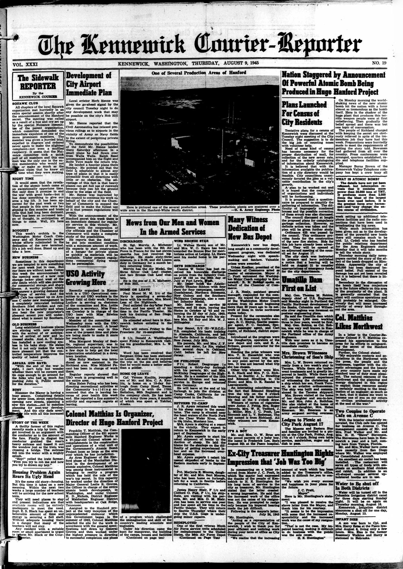 Front page of The Kennewick Courier-Reporter, August 9, 1945