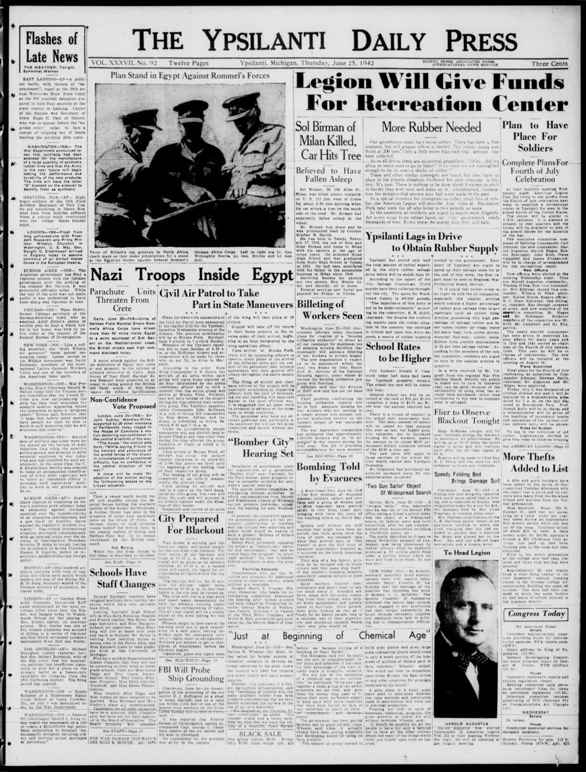 Front page of The Ypsilanti Daily Press, June 25, 1942